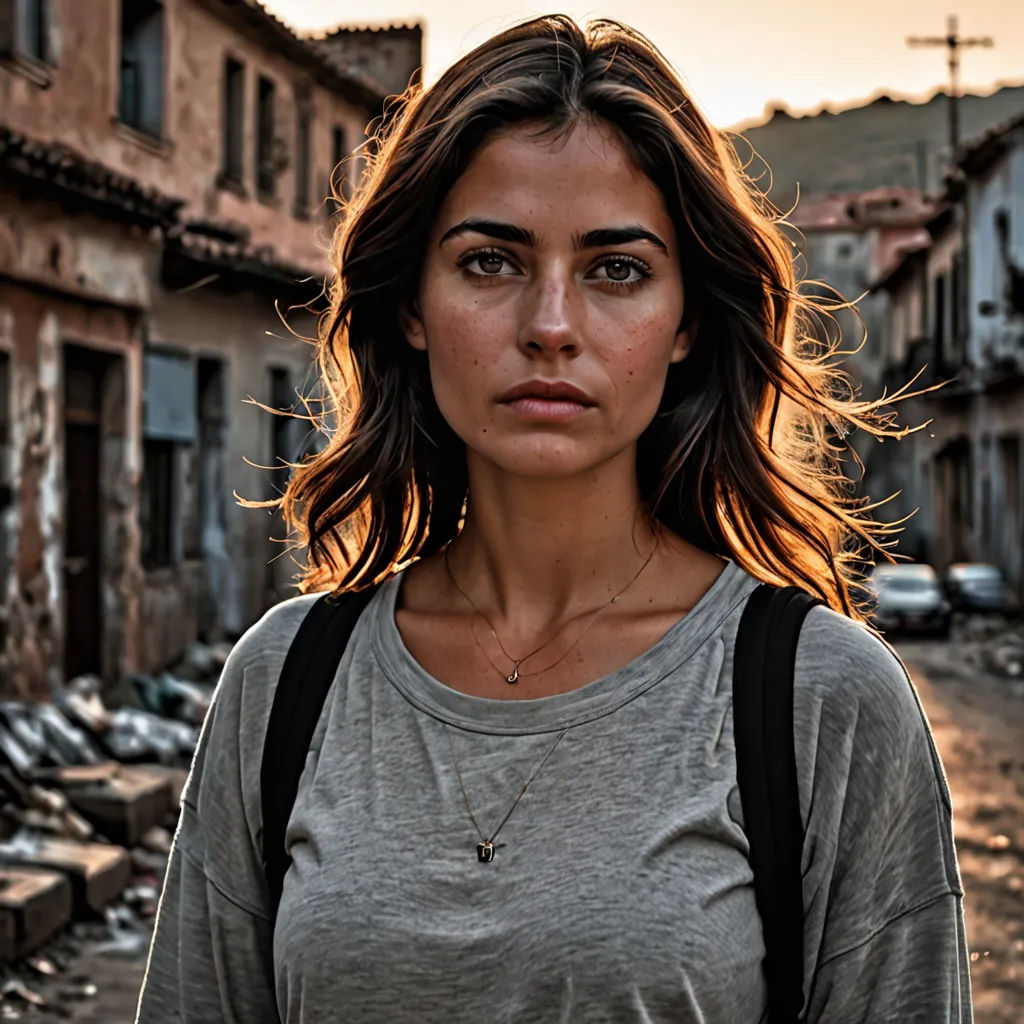 a woman standing in a street with a backpack on her shoulder and a building in the background with a cross on it, serial art, a character portrait, Eva Gonzalès, promotional image