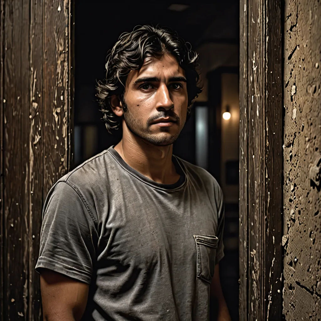 a man standing in a doorway with a serious look on his face and shoulder, with a serious look on his face, magical realism, a character portrait, David Annand, promotional image