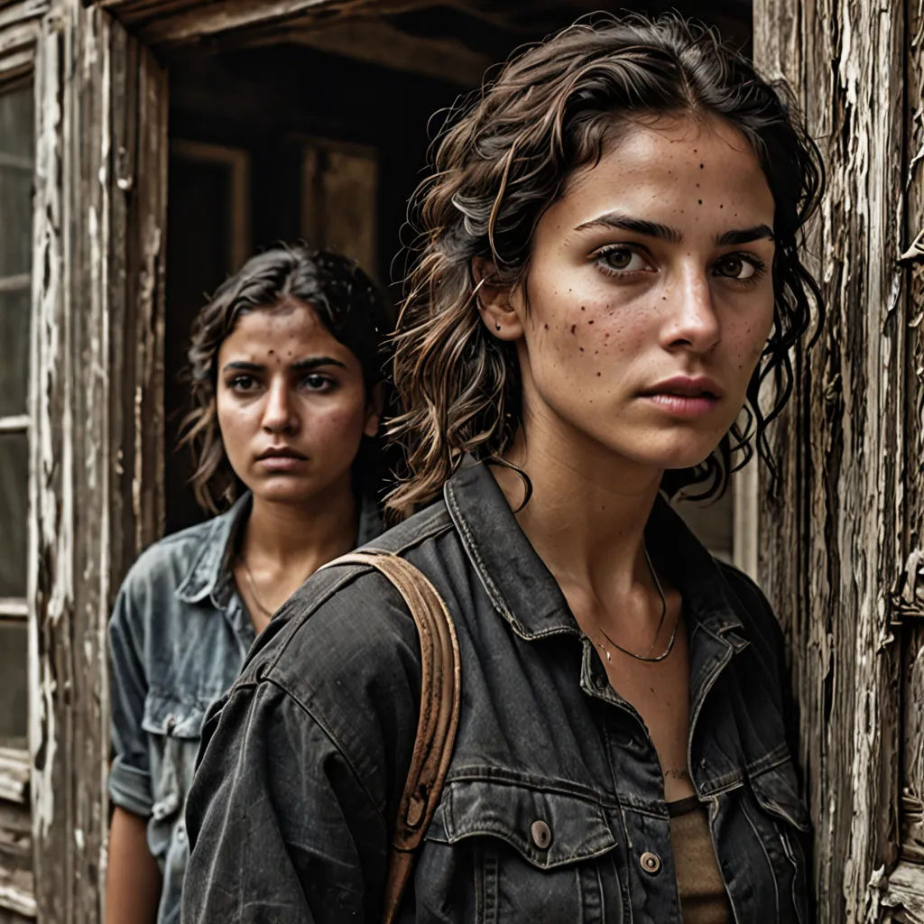 two women standing in front of a wooden building with a window and a door with a broken glass window, serial art, poster art, Ayshia Taşkın, promotional image