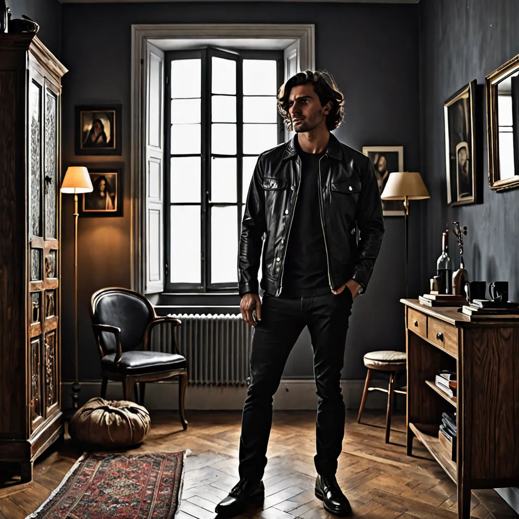a man in a black jacket and black pants standing in a room with a window and a rug on the floor, private press, a character portrait, Erwin Bowien, promotional image