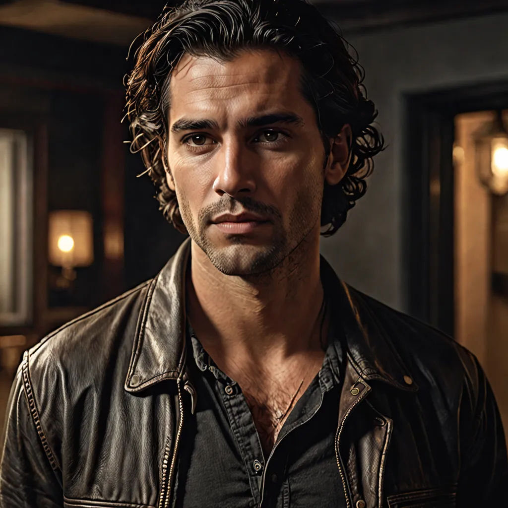 a man with a beard and a leather jacket on in a room with a clock on the wall and a door, hyperrealism, a character portrait, Don Arday, promotional image