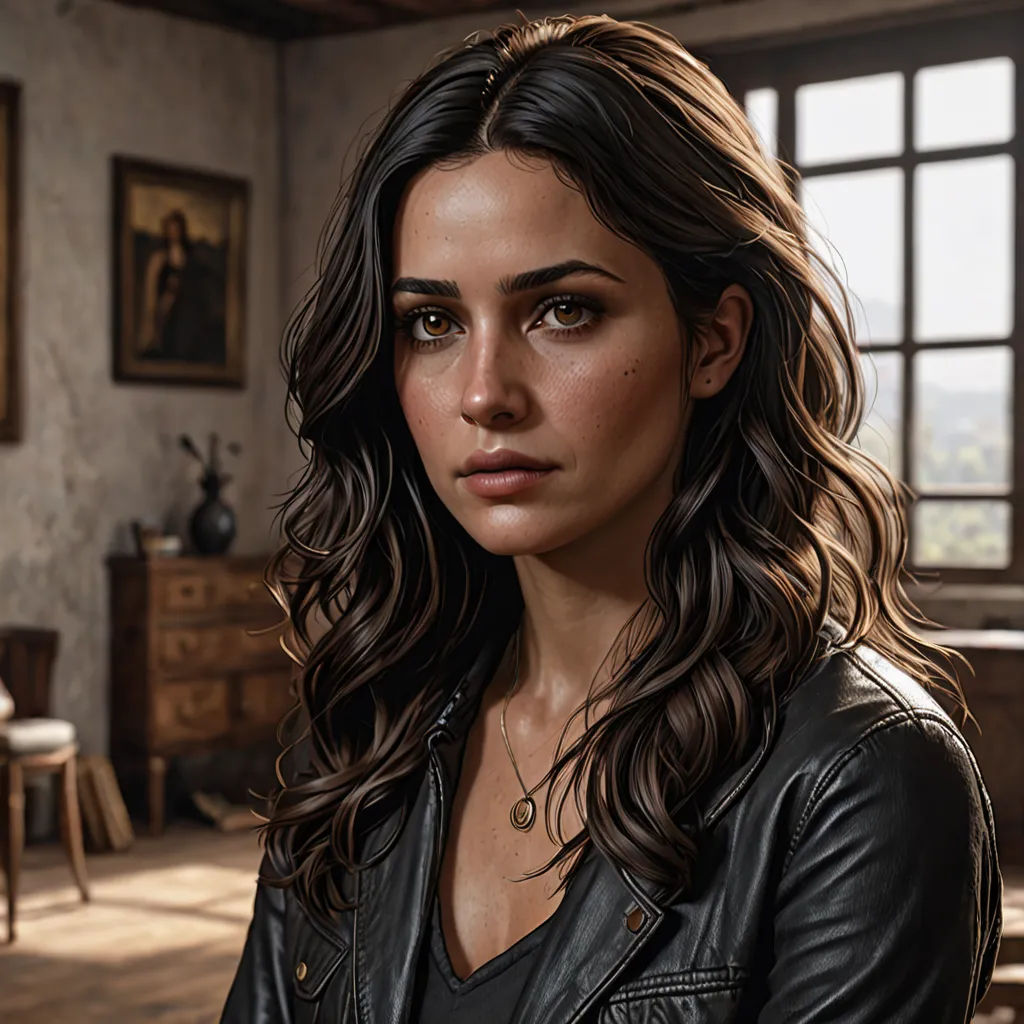 a woman in a black leather jacket is looking at the camera with a serious look on her face and shoulder, photorealism, a photorealistic painting, Constance Gordon-Cumming, ultra realistic digital art