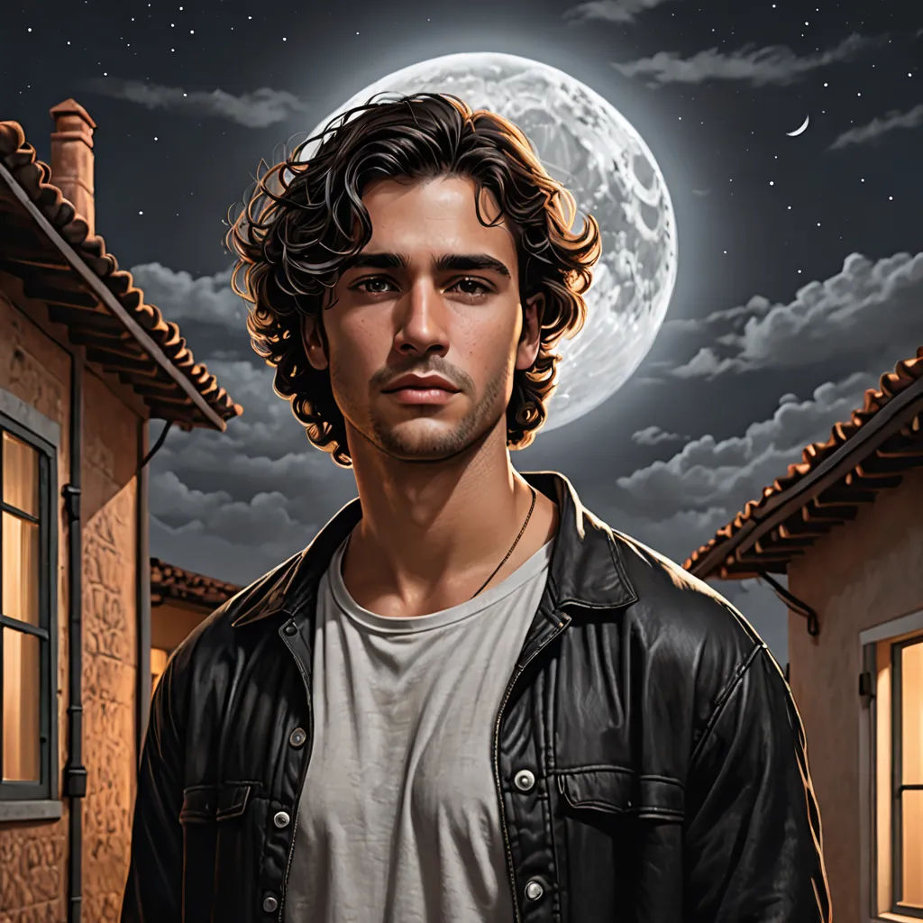 a man standing in front of a full moon with a black jacket on and a white shirt on and a black and white shirt on, magical realism, a character portrait, Aaron Jasinski, promotional image