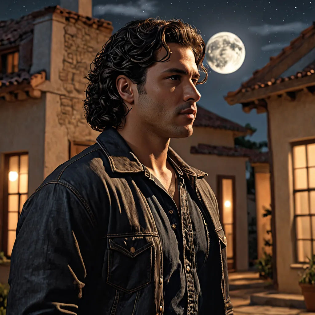 a man standing in front of a house with a full moon in the background and a full moon in the sky, photorealism, a digital rendering, Eddie Mendoza, promotional image