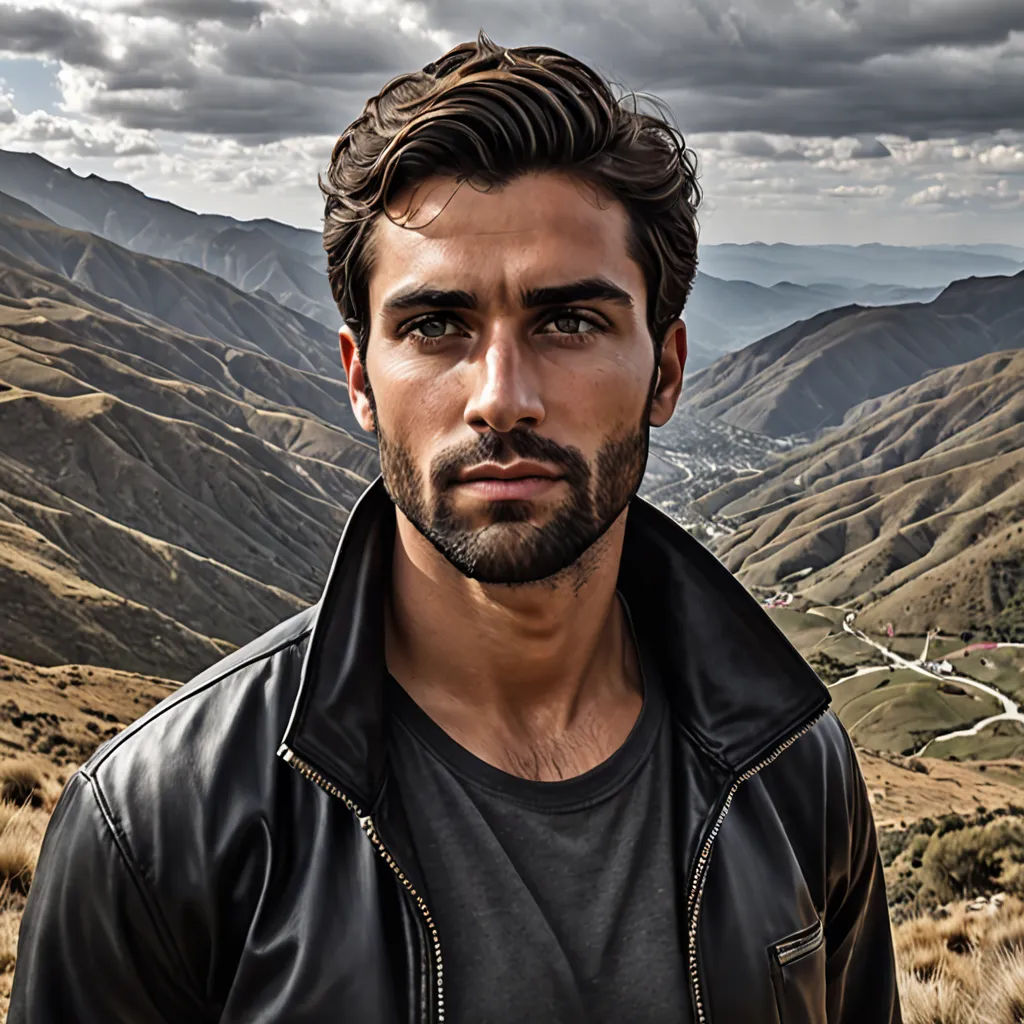 a man in a leather jacket standing in front of a mountain range with a valley in the background and a cloudy sky, photorealism, a character portrait, Alonso Vázquez, promotional image