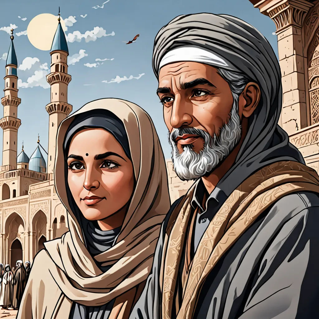 a man and a woman standing in front of a building with a clock tower in the background and a full moon in the sky, hurufiyya, a storybook illustration, Altoon Sultan, graphic novel