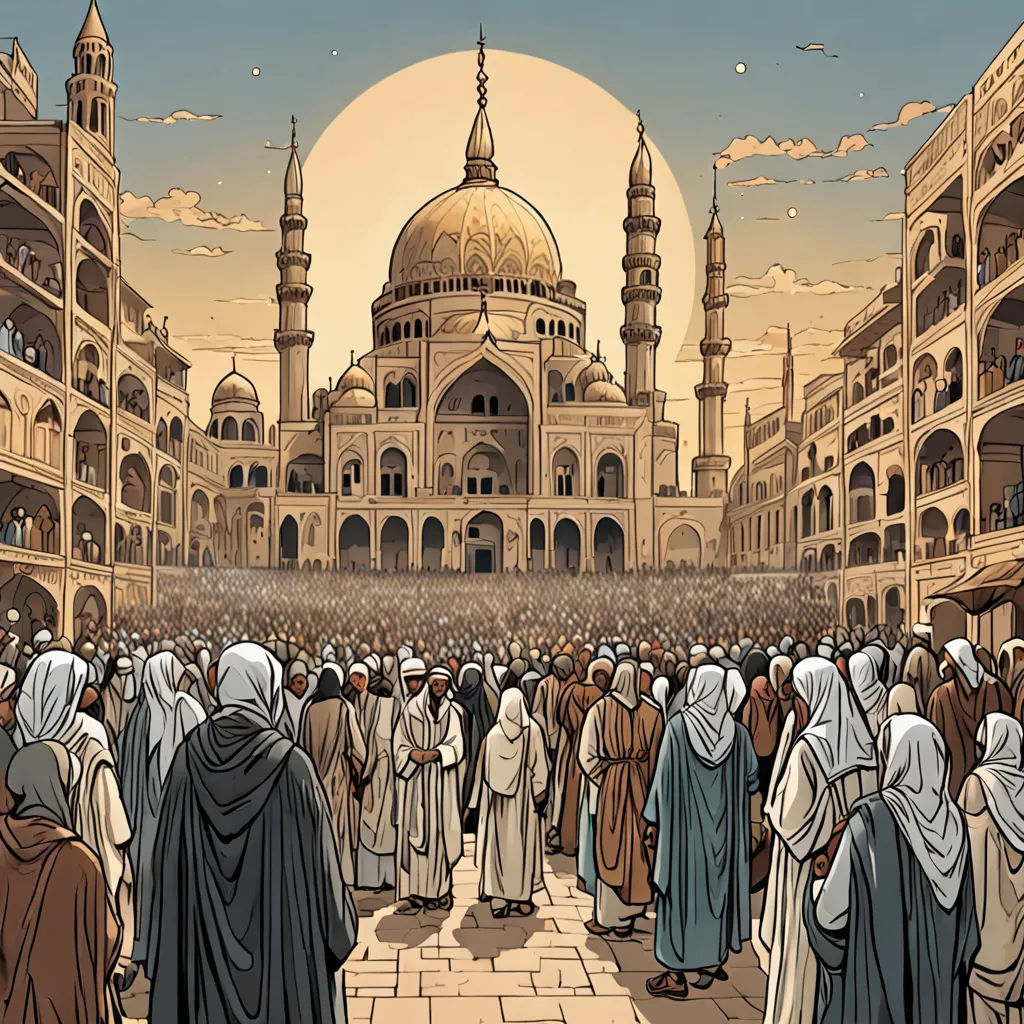 a painting of a crowd of people in front of a building with a dome on top of it and a full moon in the sky, hurufiyya, a comic book panel, Altoon Sultan, orientalism