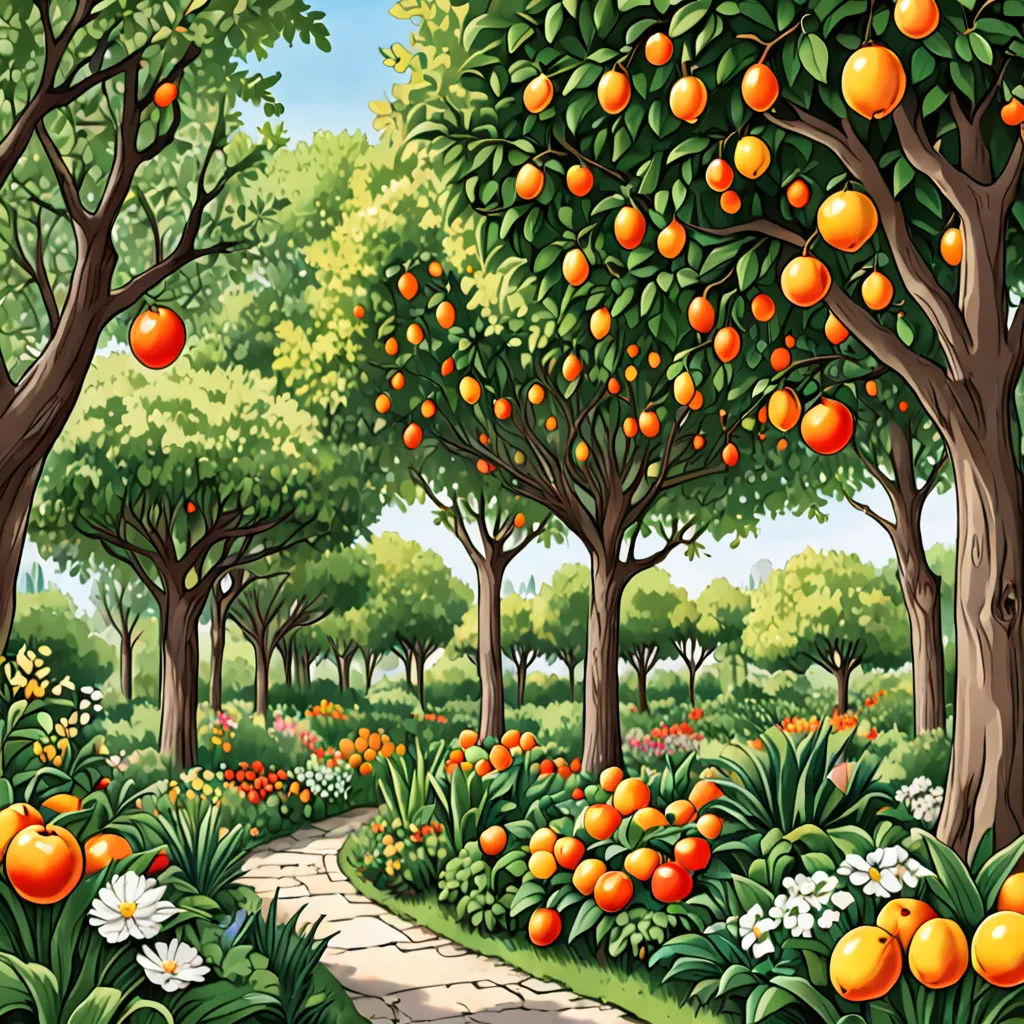 a painting of a pathway through a garden with oranges on trees and flowers on the ground and in the trees, naive art, a detailed matte painting, Chris LaBrooy, orange