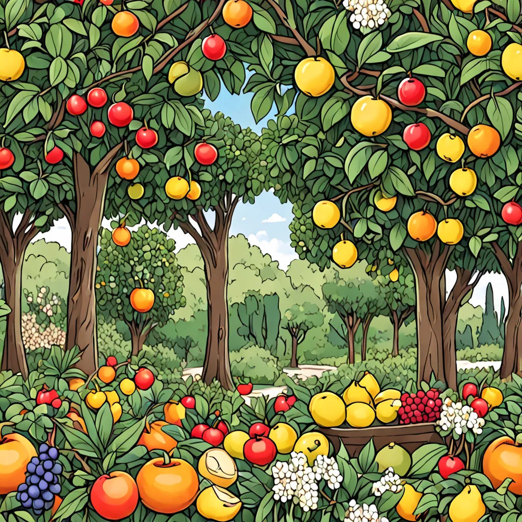 a painting of a fruit garden with oranges, apples, and other fruits in the trees and flowers, naive art, a storybook illustration, Annabel Kidston, detailed illustration