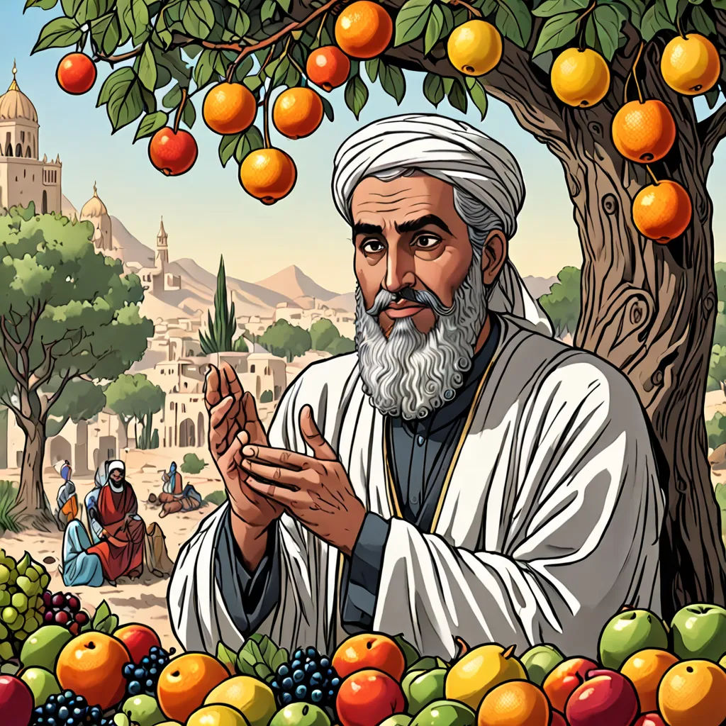 a man standing in front of a tree filled with oranges and other fruit items in front of him, qajar art, a storybook illustration, Asaf Hanuka, detailed illustration