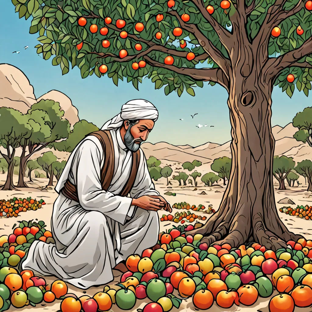 a man kneeling in front of a tree surrounded by fruit on the ground and a mountain in the background, precisionism, a storybook illustration, Asaf Hanuka, detailed illustration