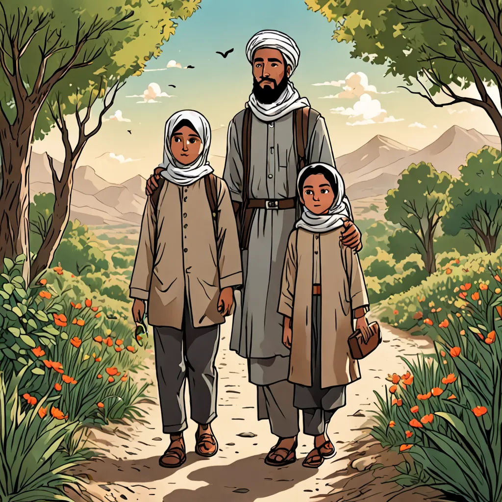 a man and two children are standing in the woods with a bird flying overhead in the background of the picture, hurufiyya, a storybook illustration, Amir Zand, comic cover art