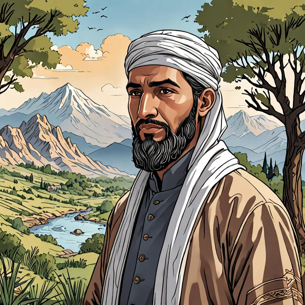 a man with a beard and a white headband standing in front of a mountain landscape with a river, hurufiyya, a character portrait, Abdullah Gërguri, character portrait