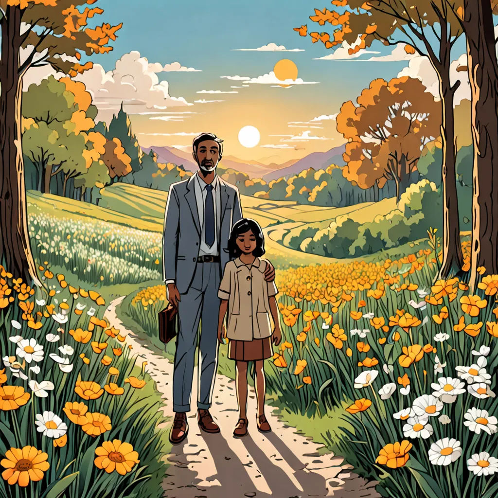 a man and a little girl walking down a path in a field of flowers with a sunset in the background, les automatistes, a storybook illustration, Asaf Hanuka, comic cover art