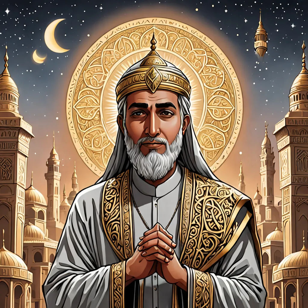 a cartoon of a man in a golden outfit with a beard and a golden crown on his head and a moon in the background, hurufiyya, a character portrait, Altoon Sultan, art noveau