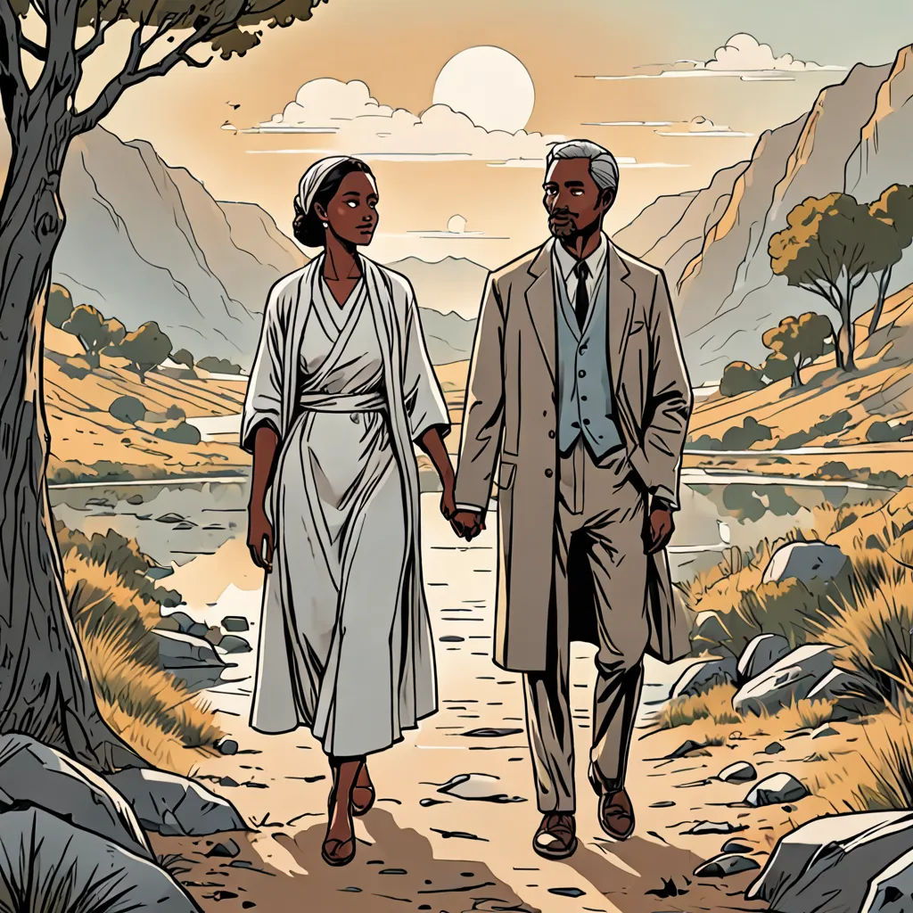 a man and a woman walking down a path holding hands and looking at the camera with a mountain and river in the background, harlem renaissance, a comic book panel, Ada Hill Walker, comic cover art