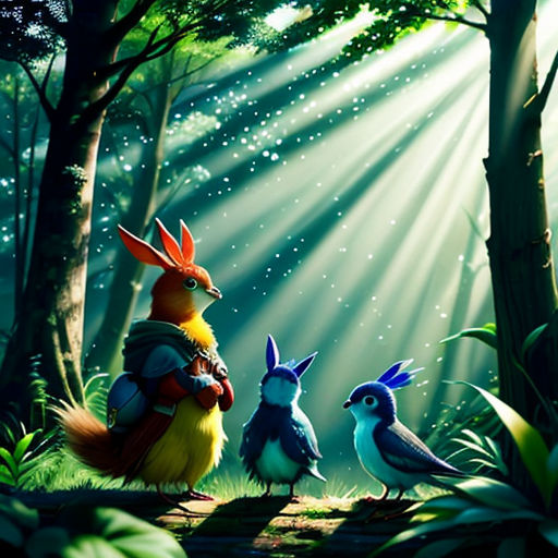 a painting of a bird and two birds in the forest with sunbeams behind them and a forest scene with stars