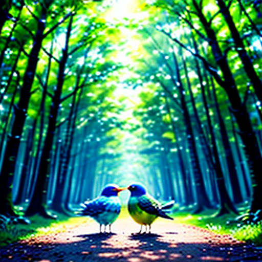 two birds standing on a path in the middle of a forest with trees and leaves on the ground and a bright light coming from the top of the trees