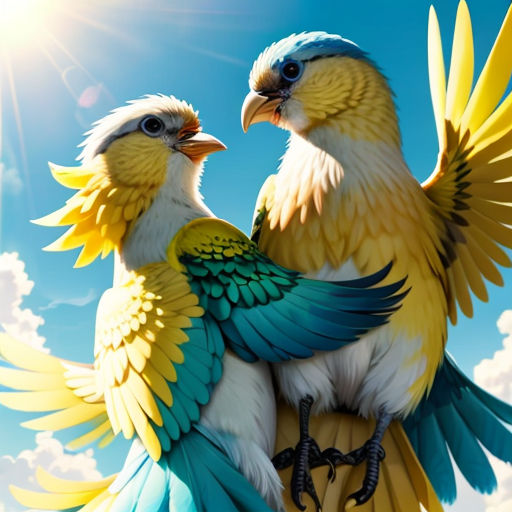 two birds are sitting on top of each other with wings spread out and their beaks are open and their wings are spread wide