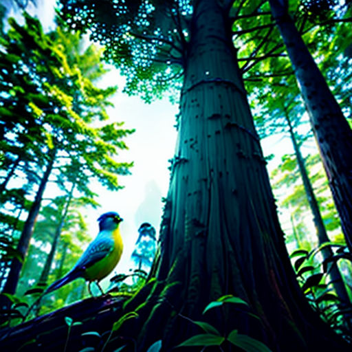 a bird is sitting on a tree in the woods with another bird in the background looking up at the tree