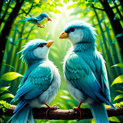two birds sitting on a branch in the middle of a forest with a bright light coming through the trees