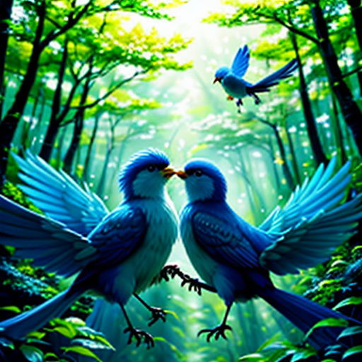 two birds are touching each other in the forest with trees and birds flying around them, with a bright light coming from the trees