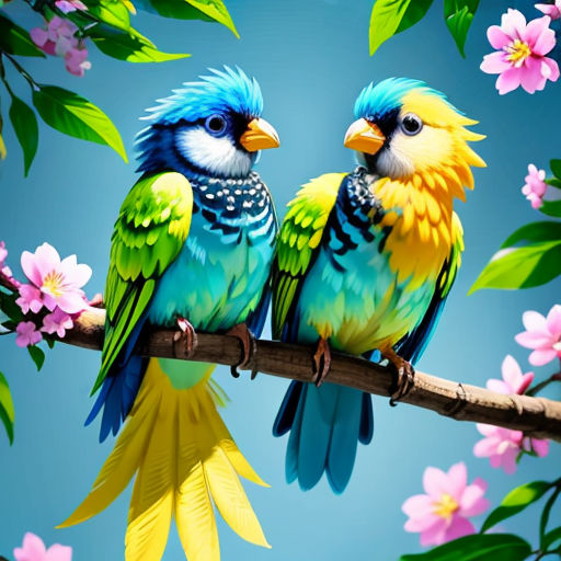 two colorful birds sitting on a branch with flowers in the background of a blue sky and a pink flower