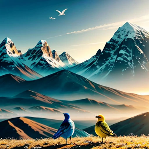 two birds are standing on a hill with a mountain in the background and a bird flying over the top of the mountain