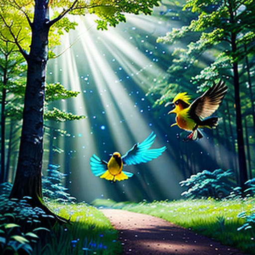 two birds flying over a forest with sunbeams and trees in the background, with a path leading to the forest