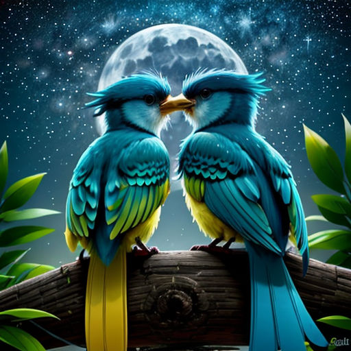 two birds sitting on a branch with a full moon in the background and leaves surrounding them, with a full moon in the background