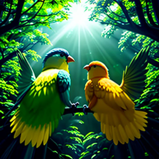 two birds sitting on a branch in the middle of a forest with sunlight shining through the trees and leaves