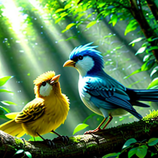 two birds are sitting on a branch in the forest with sunlight streaming through the trees and leaves on the ground