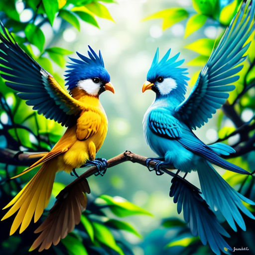 two birds sitting on a branch with their wings spread out and spread out, with green leaves in the background