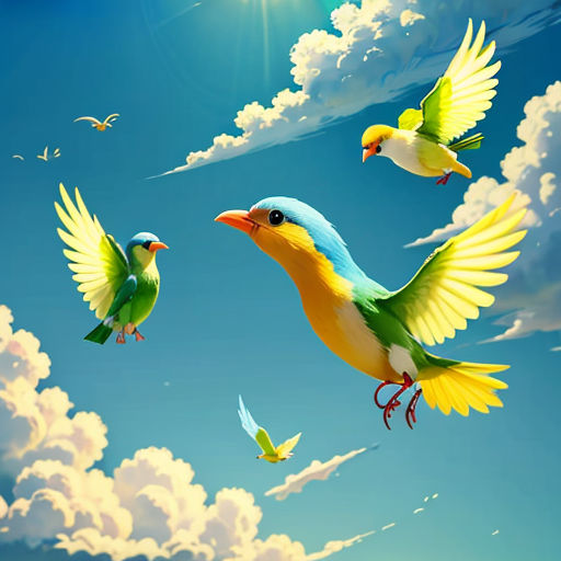 a painting of birds flying in the sky with clouds in the background and a sun in the sky above
