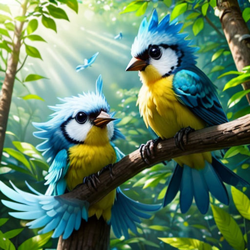 two birds sitting on a branch in the forest with leaves and sunlight shining through the trees behind them, with a blue and yellow bird on the branch