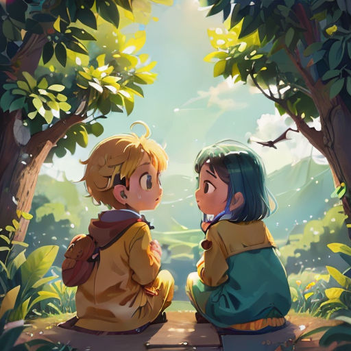 two children sitting on a bench looking at the sky and trees in the background, with a sky background