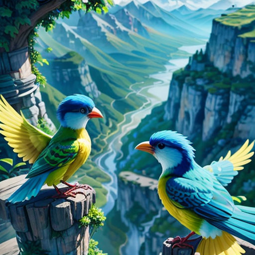 two birds perched on a wooden post in front of a mountain landscape with a river and a valley in the background