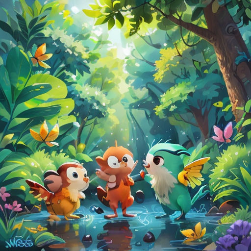 a group of cartoon animals standing in a forest next to a river with butterflies flying around them and a forest background