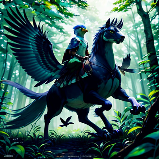 a painting of a man riding a horse in the woods with a bird on his back and a bird on his shoulder