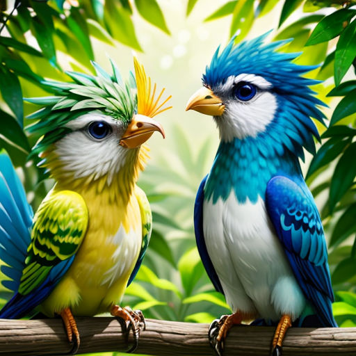 two colorful birds sitting on a branch in the jungle with leaves in the background and a green background behind them