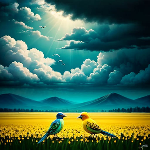 two birds sitting on a field of flowers under a cloudy sky with mountains in the background and birds flying in the sky