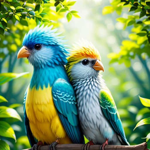 two colorful birds sitting on a branch in the forest with leaves and sunlight behind them, with a green background