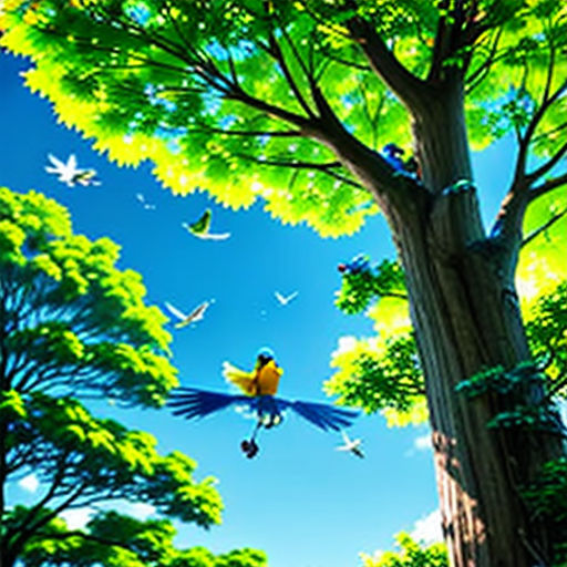 a bird flying through the air near a tree and a bird in the air above it is a bird in the air
