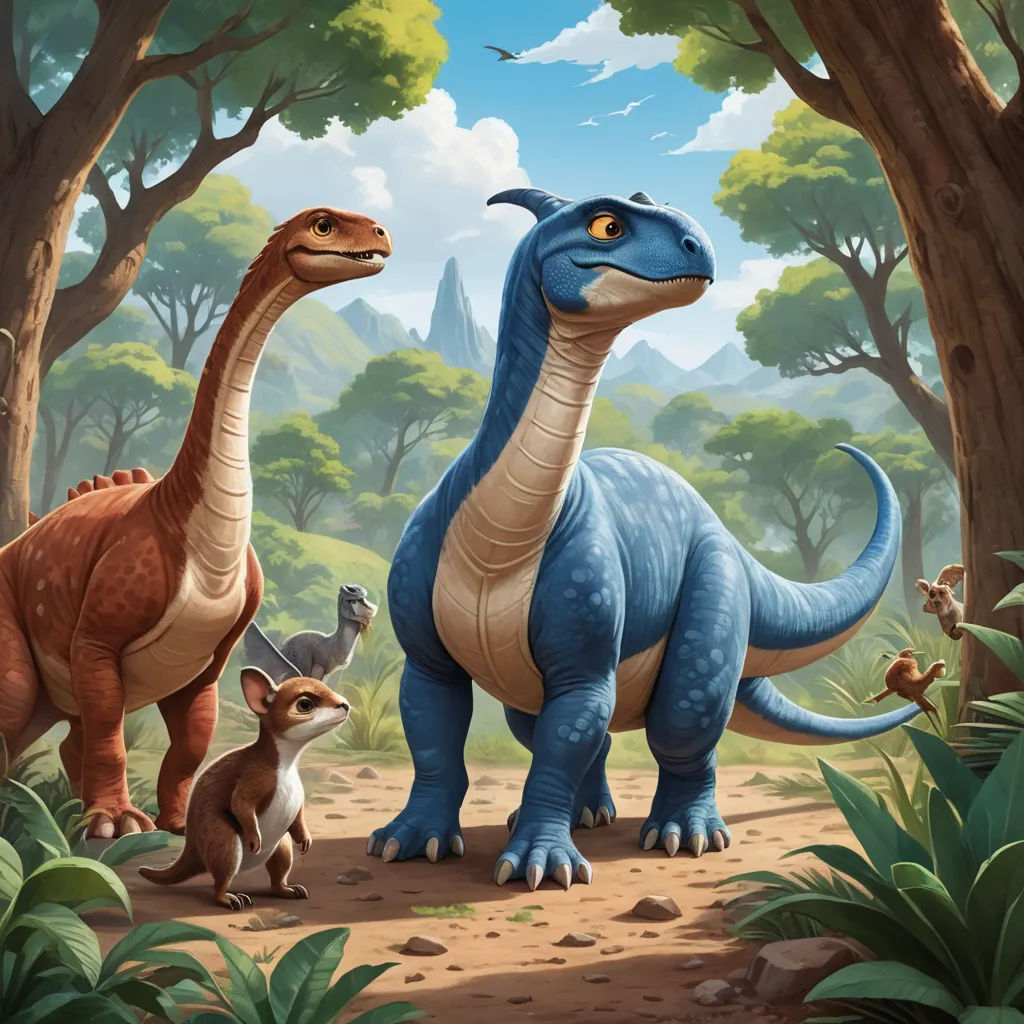a painting of a dinosaur and a baby dinosaur in a forest with trees and bushes, and a mountain in the background, altermodern, concept art, Chris LaBrooy, official art