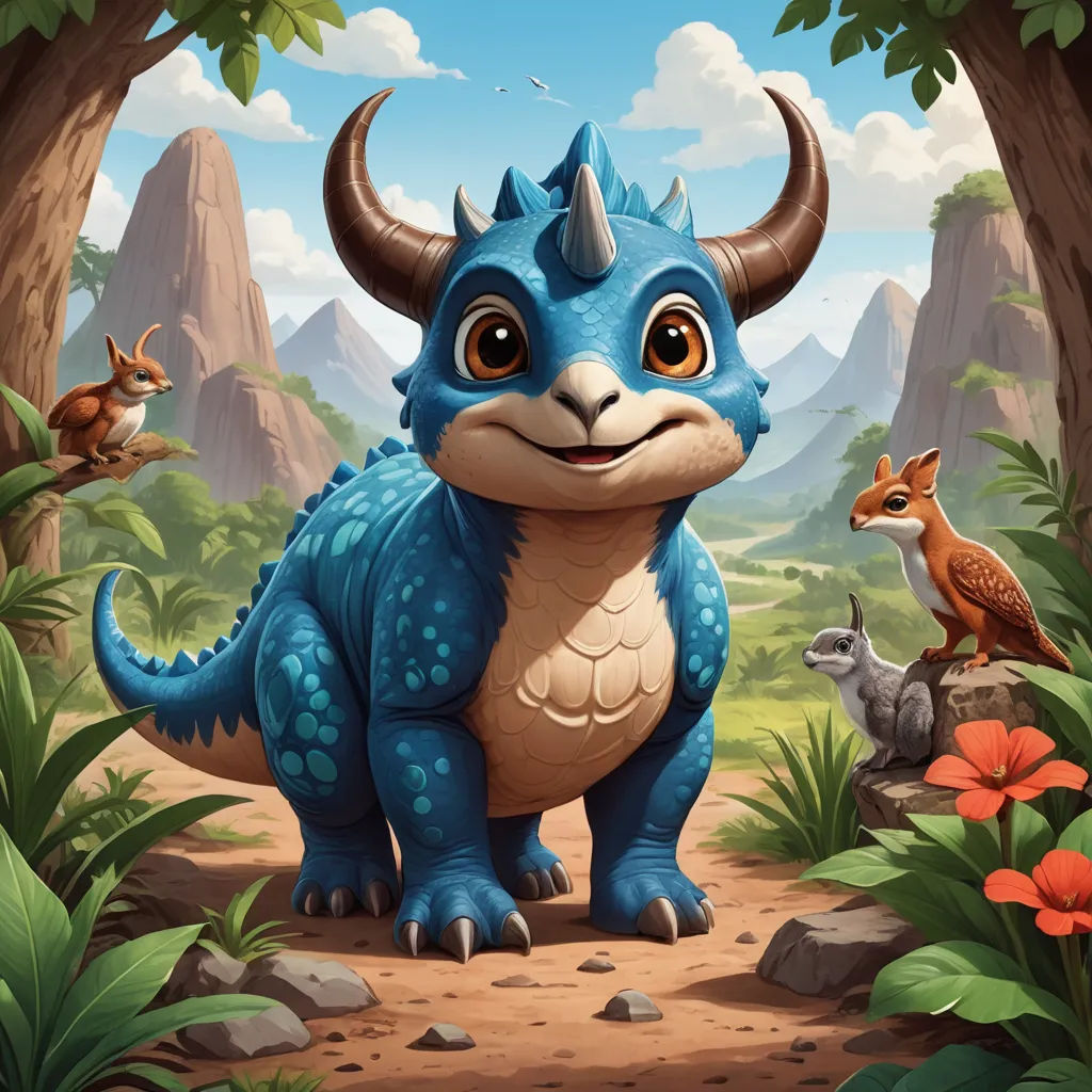 a blue dinosaur standing in the middle of a forest with other animals around it and a mountain in the background, lyco art, a character portrait, Adam Rex, dragon art