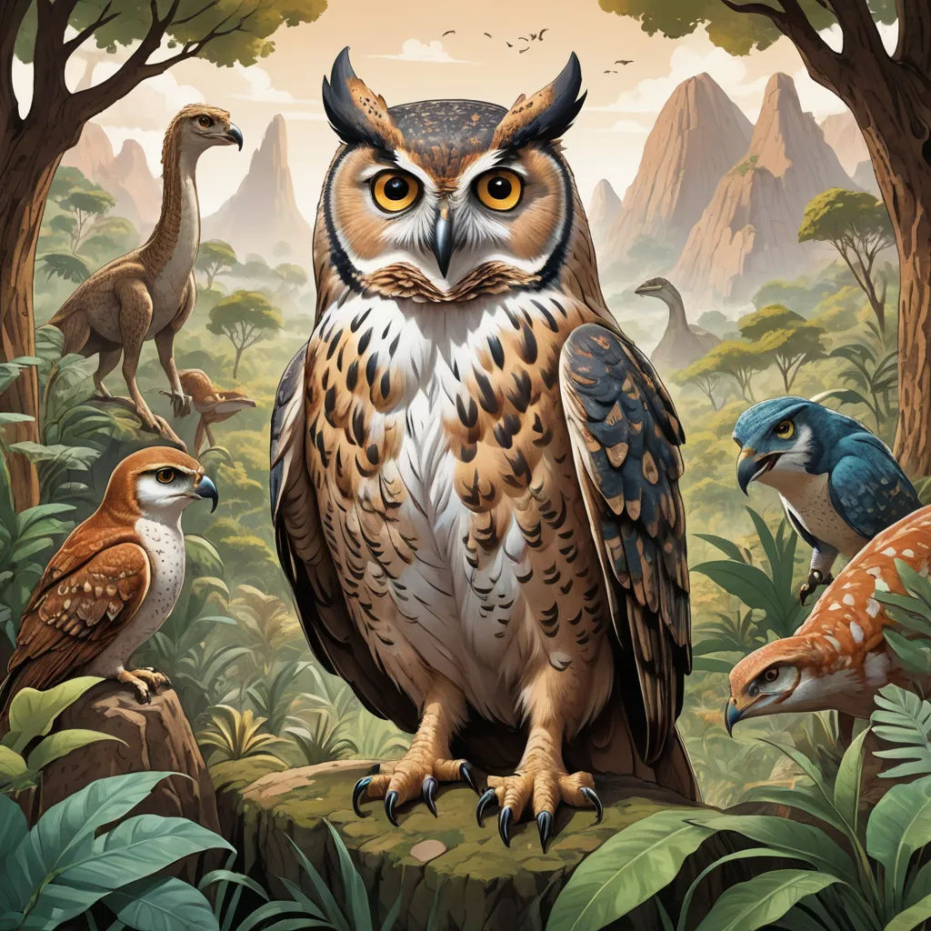 a painting of an owl and other birds in a forest with trees and mountains in the background and a sky with clouds, naturalism, a storybook illustration, Chris LaBrooy, highly detailed digital painting