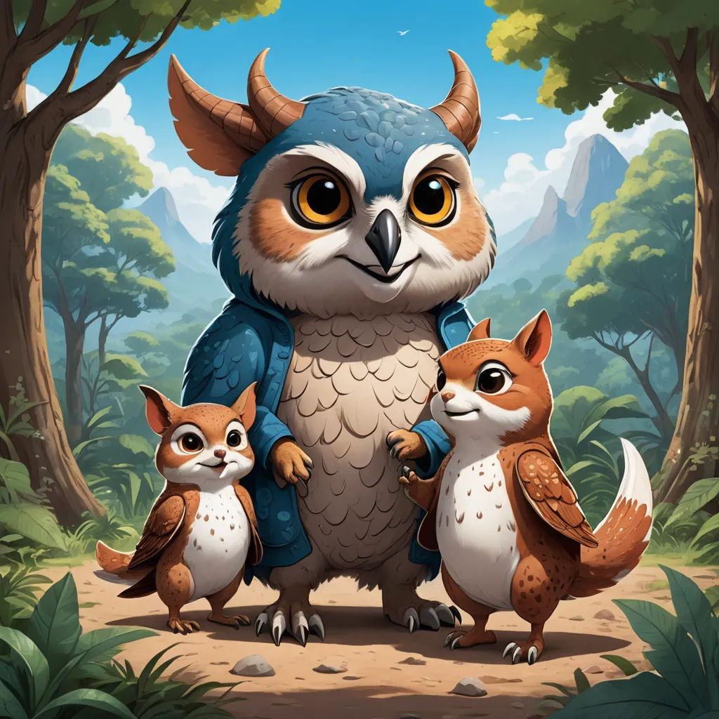 a cartoon of a blue owl with two foxes in a forest with trees and mountains in the background, with a sky background, sots art, a storybook illustration, Chris LaBrooy, game art