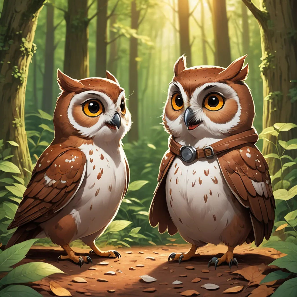 two owls standing on a path in a forest with leaves and trees around them, with the sun shining through the trees, sots art, a detailed painting, Chris LaBrooy, game art