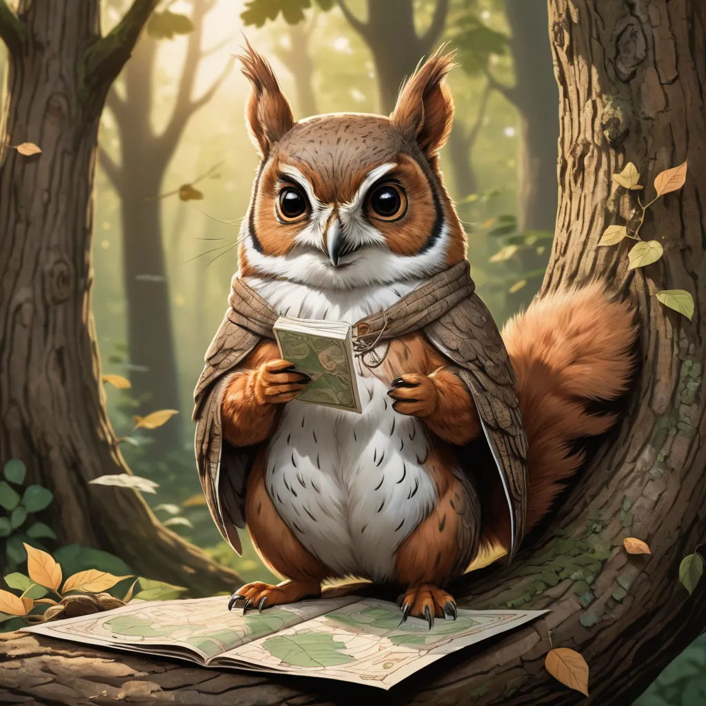 a painting of a squirrel reading a book in a forest with trees and leaves around it, with a sunbeam in the background, altermodern, an ultrafine detailed painting, Chris LaBrooy, magic the gathering artwork