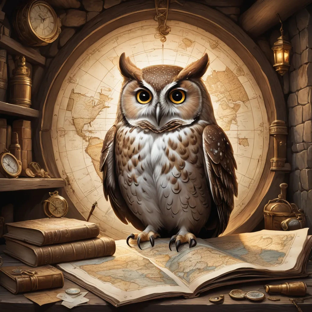 an owl sitting on top of a book next to a clock and a map with a compass on it, fantasy art, a storybook illustration, Chris LaBrooy, highly detailed digital painting